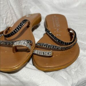 Italian Shoemakers Tan Sandals with Black and Silver Accents